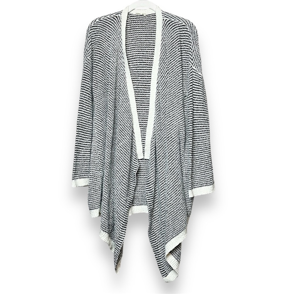 Eileen Fisher 100% Cotton Open Front Cardigan sweater black white waterfall - Picture 2 of 11